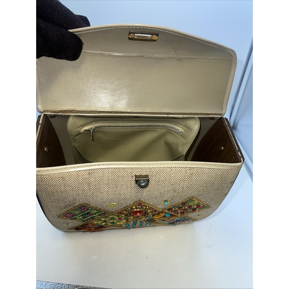 Vintage Jeweled Canvas Box Bag Purse Jewel Flowers Wood 1960's - Picture 6 of 7
